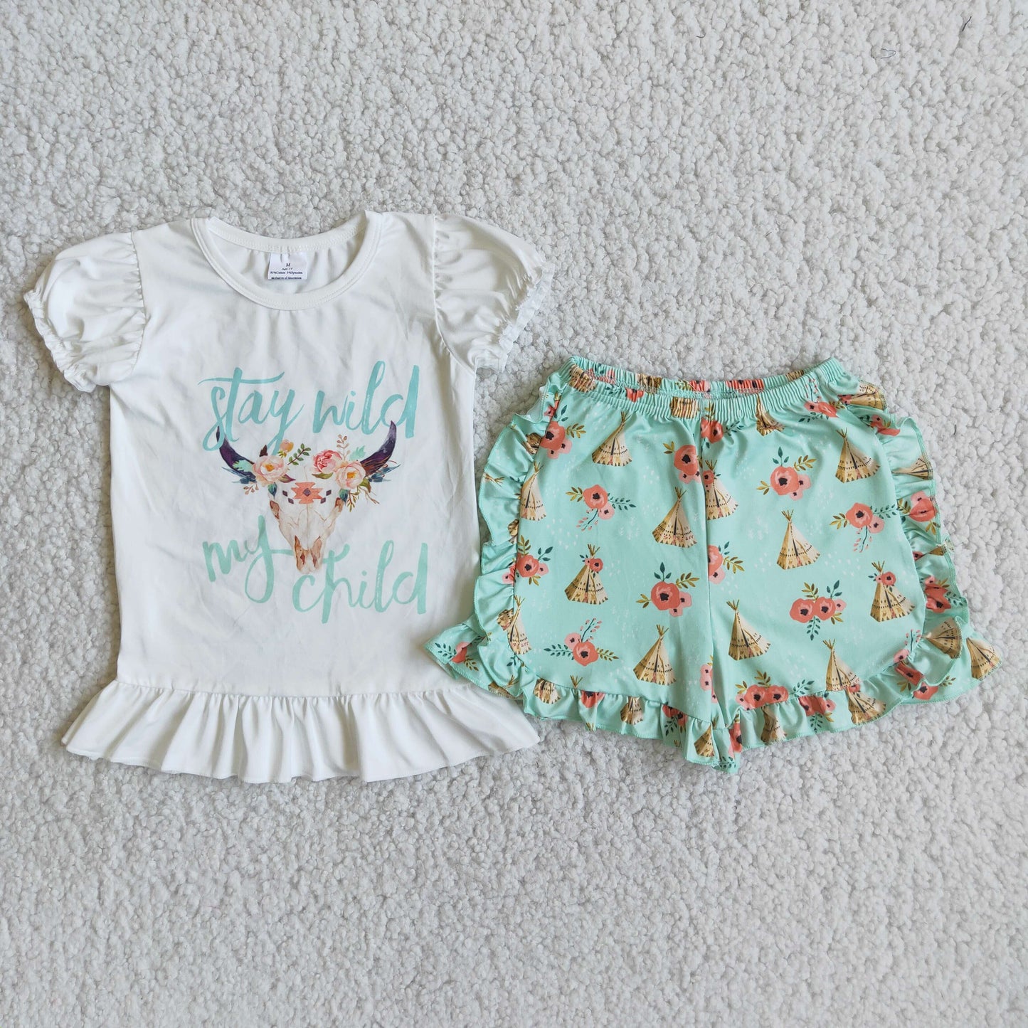 A12-24  Kids girls clothes  puff sleeves top with shorts set-promotion 2024.4.5 $2.99