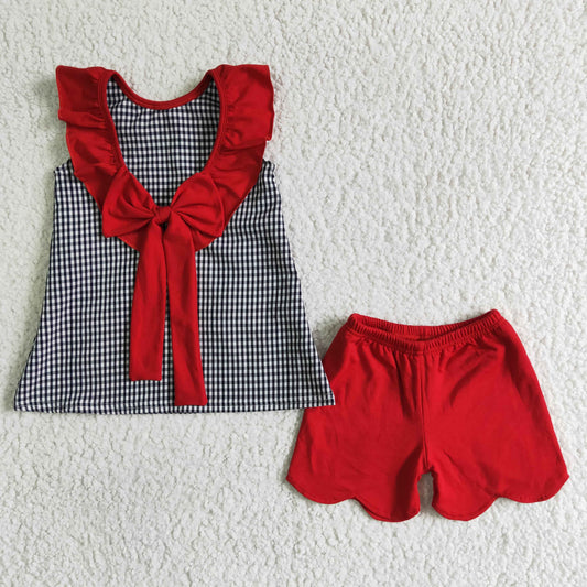 A15-5 Sales New RTS NO MOQ Clearance Woven plaid embroidery red shorts girls 4th of july clothing