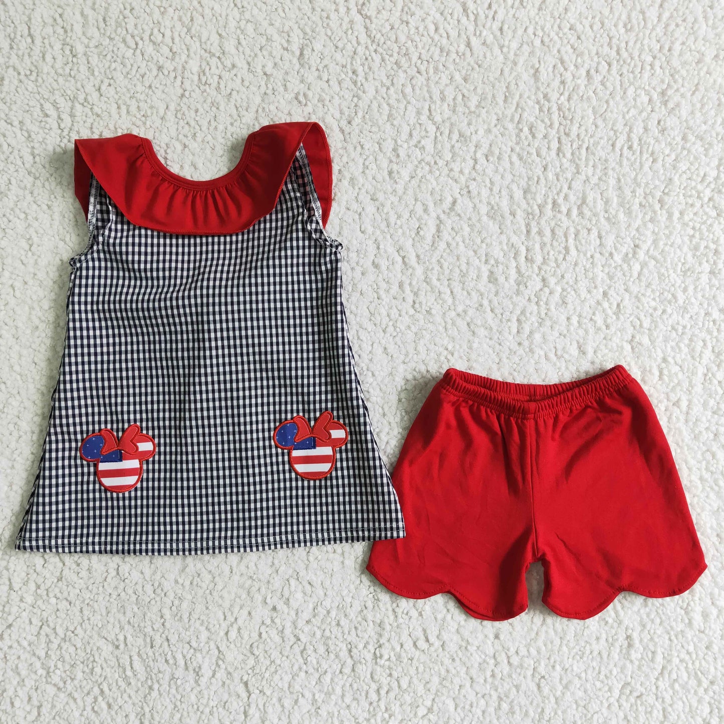 A15-5 Sales New RTS NO MOQ Clearance Woven plaid embroidery red shorts girls 4th of july clothing