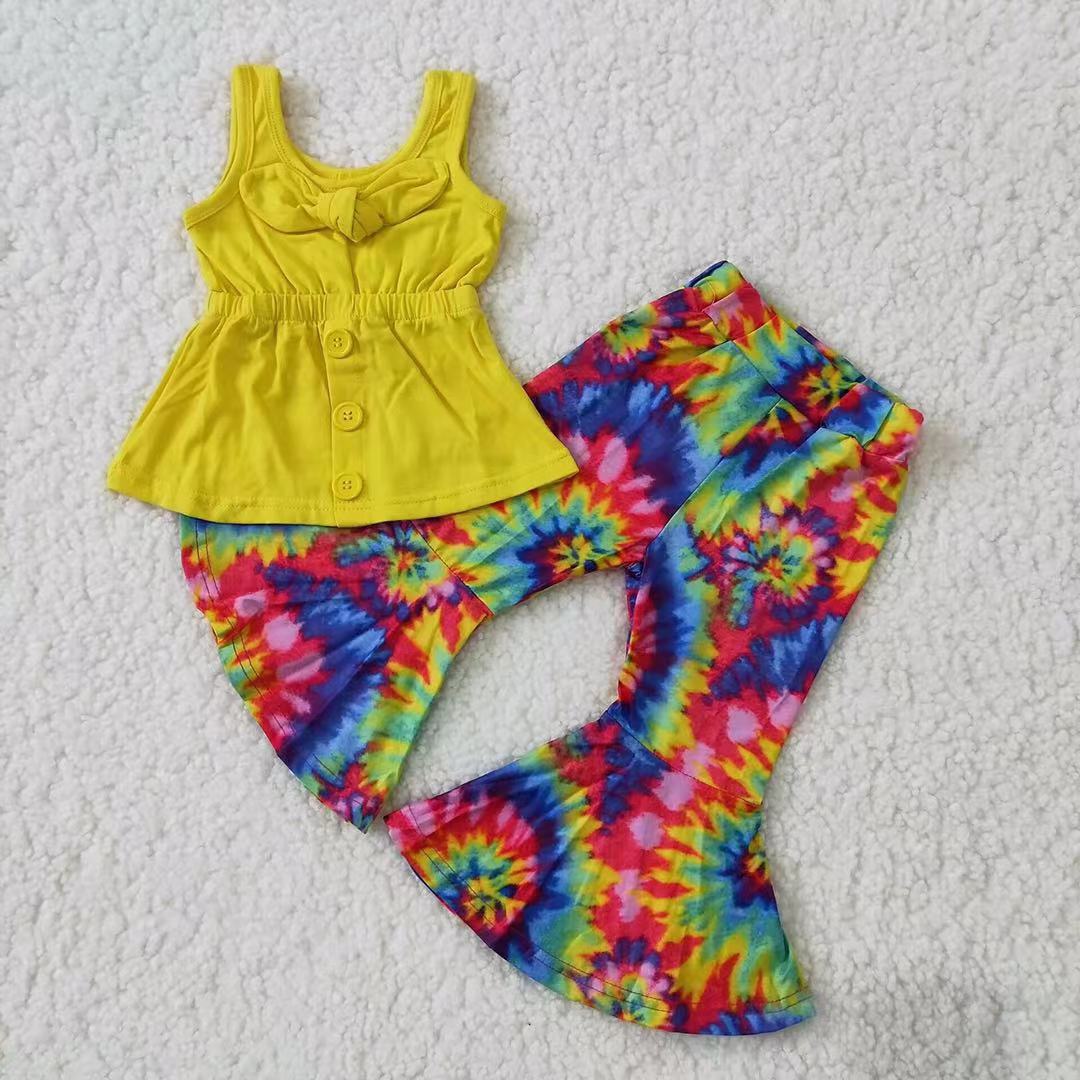3.14 A17-24 RTS No Moq Clearance Baby Girls Summer Yellow Sleeveless Bow Tie Dye Print Outfit