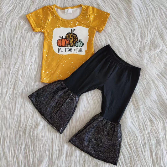 9.27 A2-12 RTS No Moq Clearance Baby Girls Winter Outfits Girl Mustard it's fall y'all bell bottom pants pumpkin set