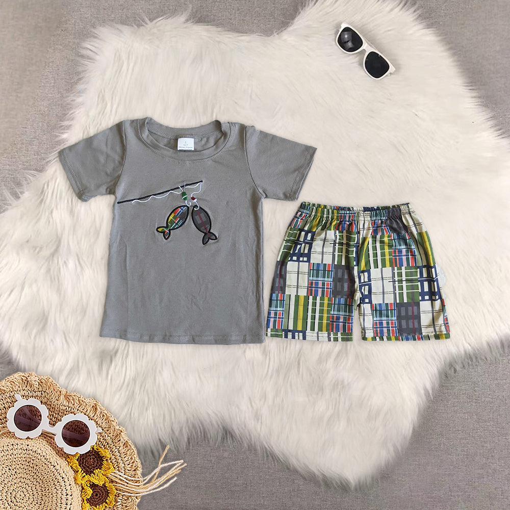 8.12   RTS Sibling Fishing embroidery cotton shirt ruffle shorts girls clothing