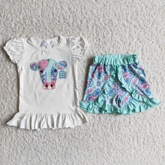 6.19 A4-12 Baby Girls Summer Outfits Baby girls summer western green cow ruffle shorts sets