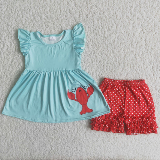 6.19 A5-11 Baby Girls Summer Outfits Baby Girls Crawfish Tunic Top Ruffle Shorts Clothes Sets
