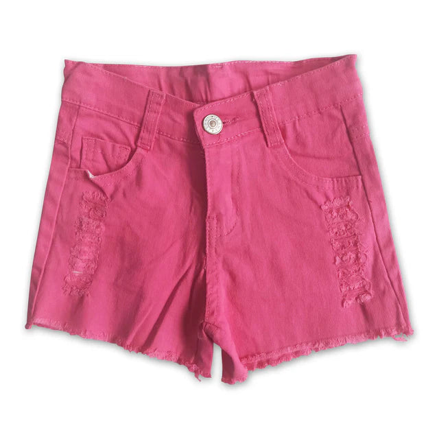 5.25 RTS NO MOQ （In stock）GT0959+A9-24 Hot pink short sleeves girls summer shirt with Hot red waistband denim shorts