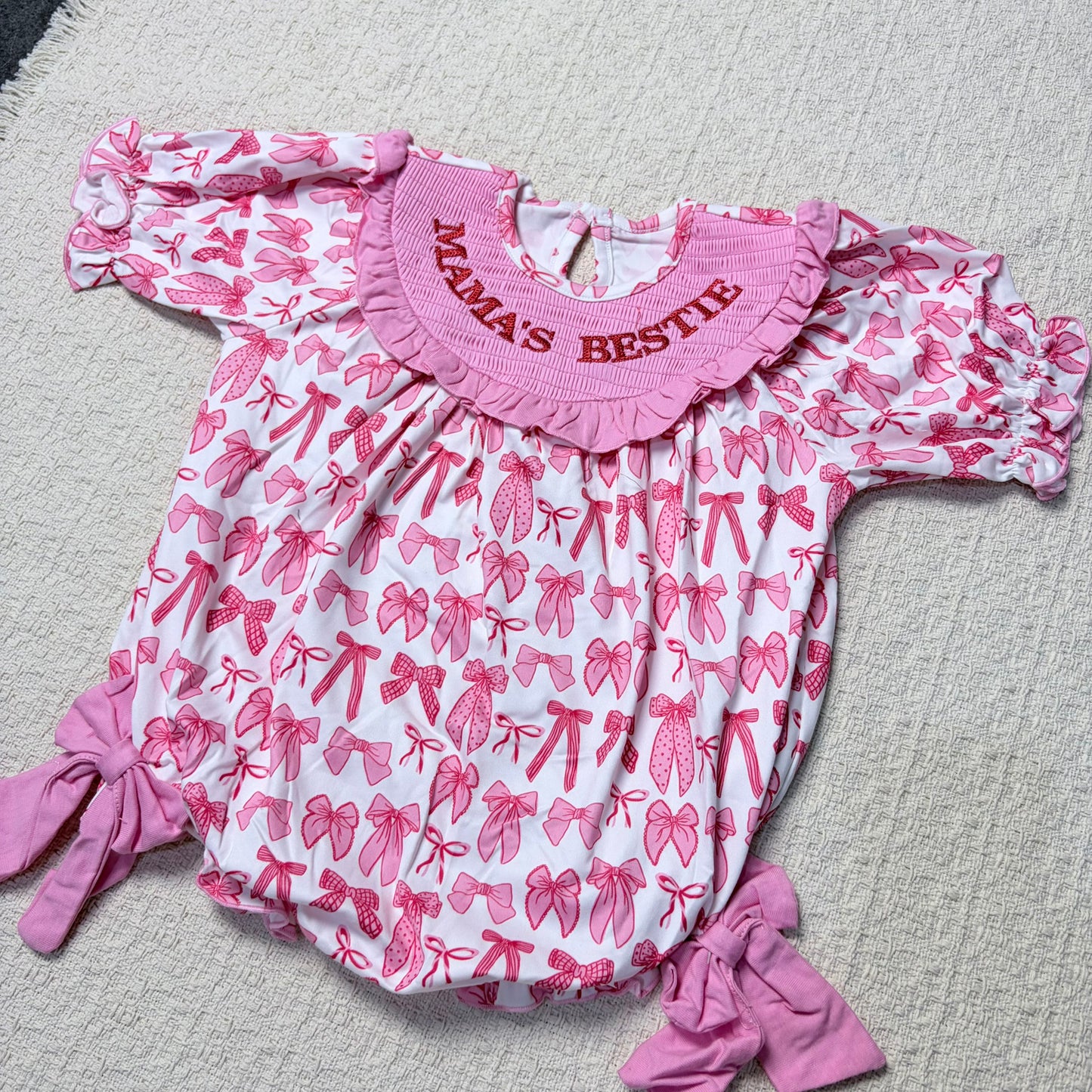 0514 RTS Sibling mama's bestie smock short sleeves heart baby girl romper