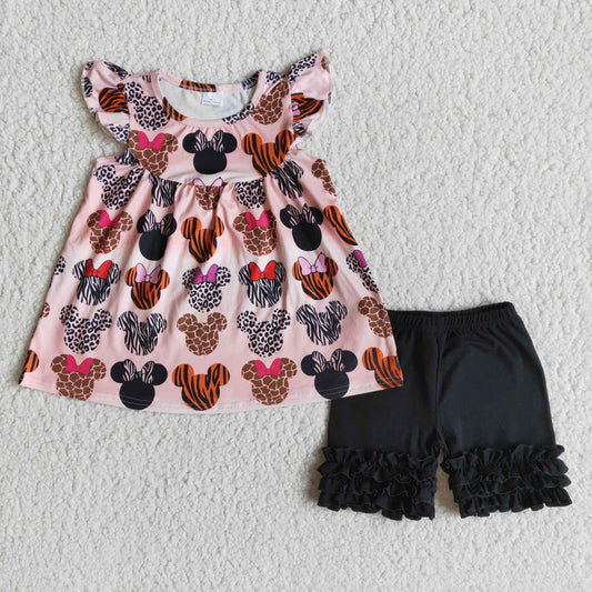 7.03 B1-4 Baby Girls Summer Outfits Mouse Sleeve Top Black Shorts