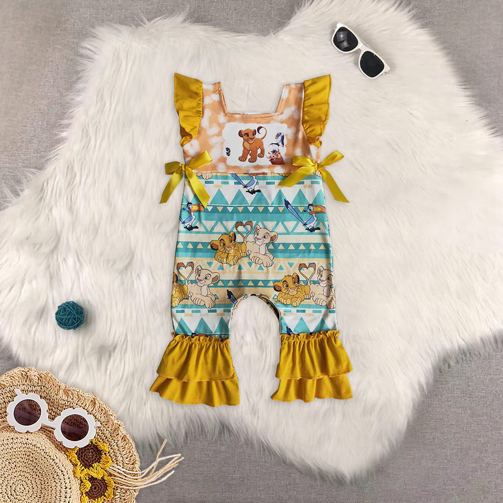 8.02 RTS Sibling Flutter sleeve bow lion print bay girls summer romper dress