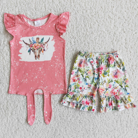 B16-1 Baby Girls Summer Outfits Pink flower Heifer exquisite ruffles Shorts sets