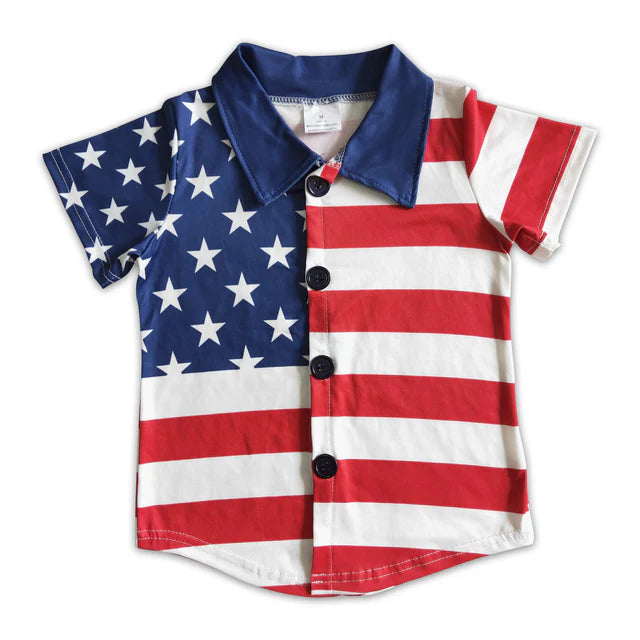 RTS Sibling Short sleeves flag stars boys 4th of july polo shirt