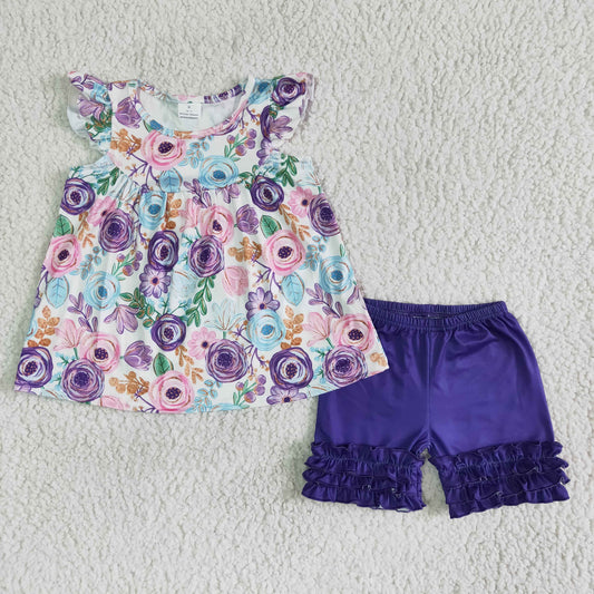 B17-27 Baby Girls Summer Outfits Baby girls summer flutter sleeve purple floral tunic icing shorts sets