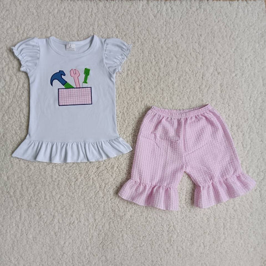 3.7 B3-1 RTS No Moq Clearance Baby Girls Tools Shirt Top Summer Ruffle Shorts Clothes Sets
