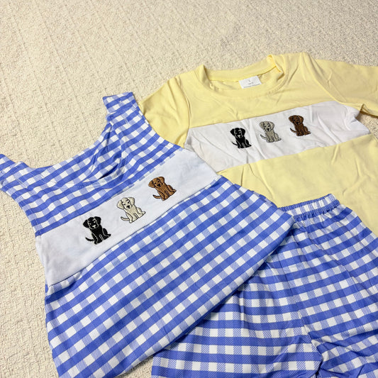 0514 RTS Sibling Short sleeves dog top plaid shorts boys clothing and romper