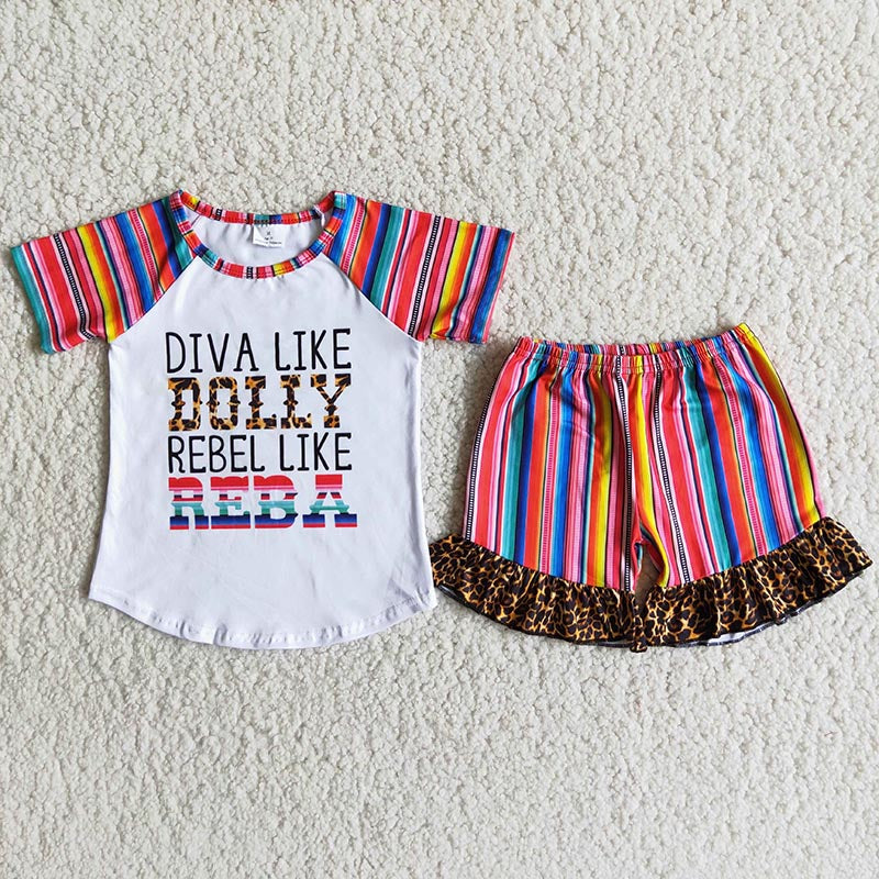 3.21 B7-1  RTS No Moq Promotion Baby Boys Summer Short Sleeve Letter colorful stripe leopard ruffles Shorts suit