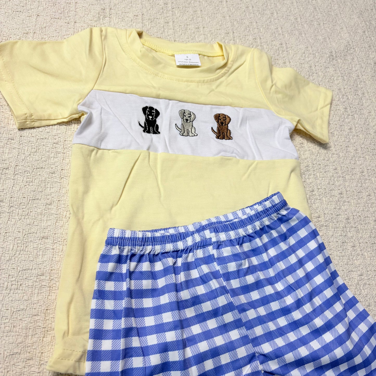 0514 RTS Sibling Short sleeves dog top plaid shorts boys clothing and romper