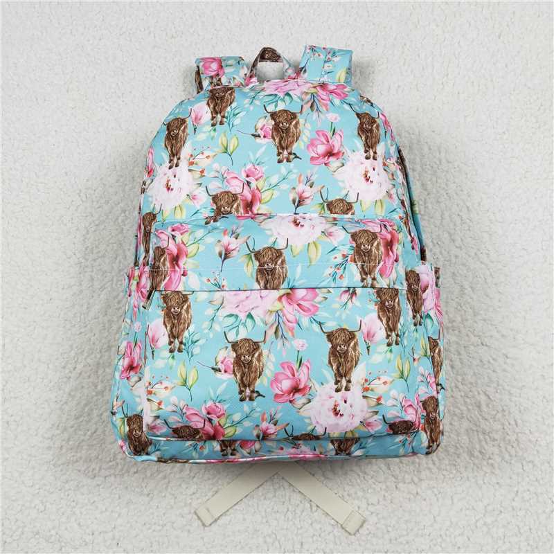 USA Warehouse (IN STOCK)BA0081 Light Blue Floral Highland Cow Kids Girls Backpack Cute Animal Theme PU Leather Bag for School Or Travel