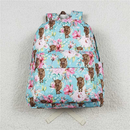 USA Warehouse (IN STOCK)BA0081 Light Blue Floral Highland Cow Kids Girls Backpack Cute Animal Theme PU Leather Bag for School Or Travel