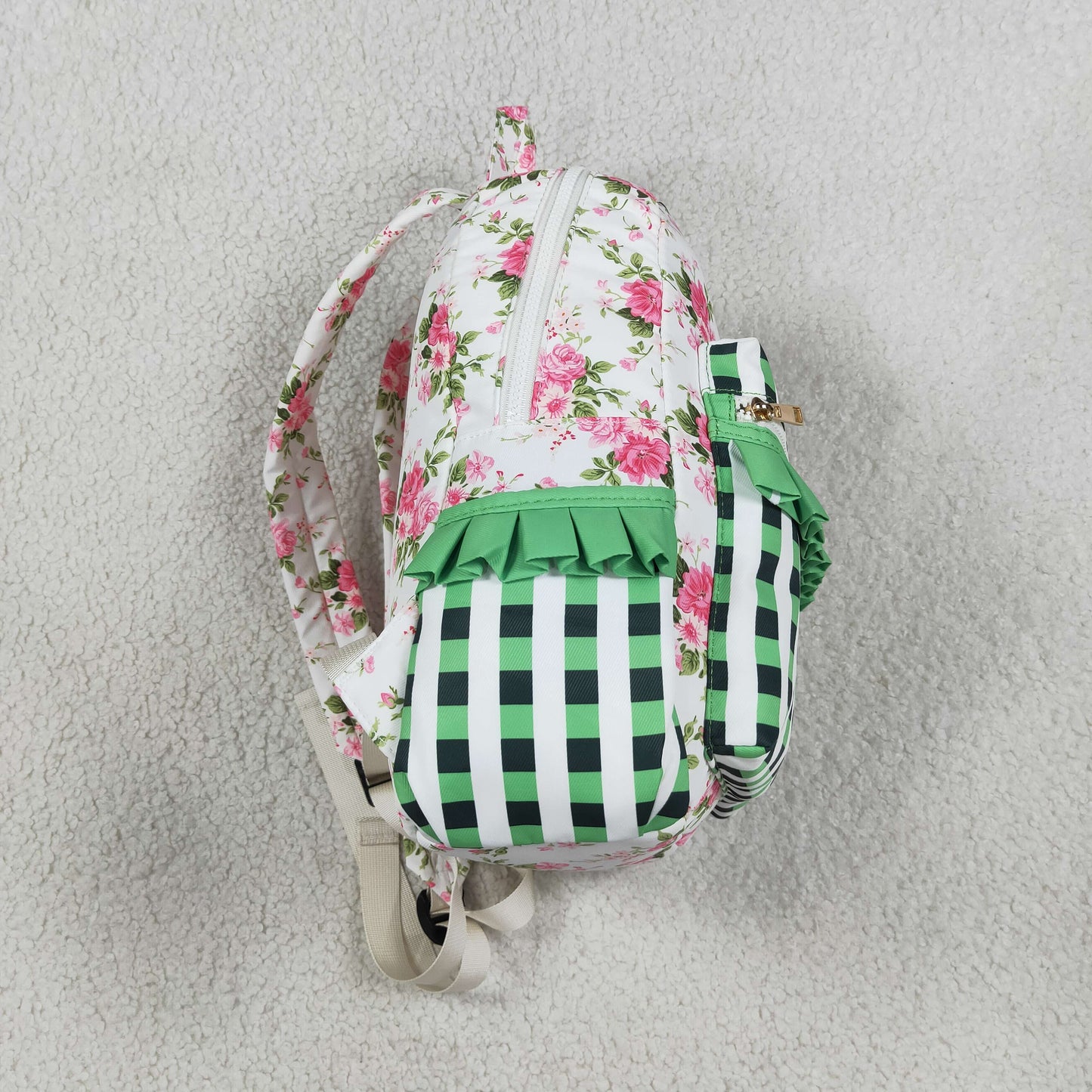 BA0218 RTS NO MOQ （In stock）Green plaid ruffle floral baby girls backpack
