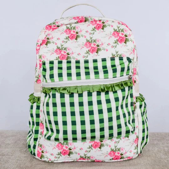 BA0218 Pre-order green plaid flower school bag