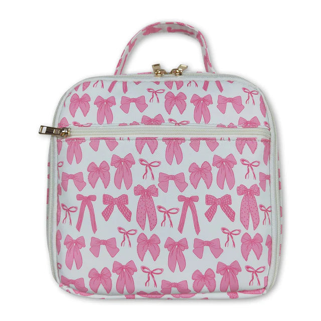 RTS NO MOQ Sibling Baby Kids Zipper Pink Bows School Backpack Pink Bows Lunch Dinner Picnic Box Bags