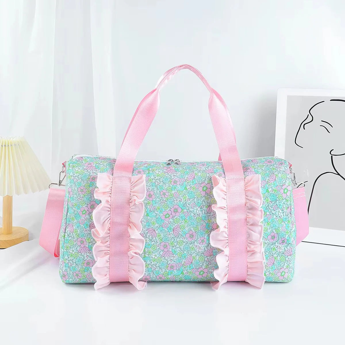 USA Shop (in stock)BA0291 Baby Bags Floral Women Duffel Bag Pink Ruffle Band Trendy Casual Large Capacity Shoulder Bag for Traveling And Outdoors