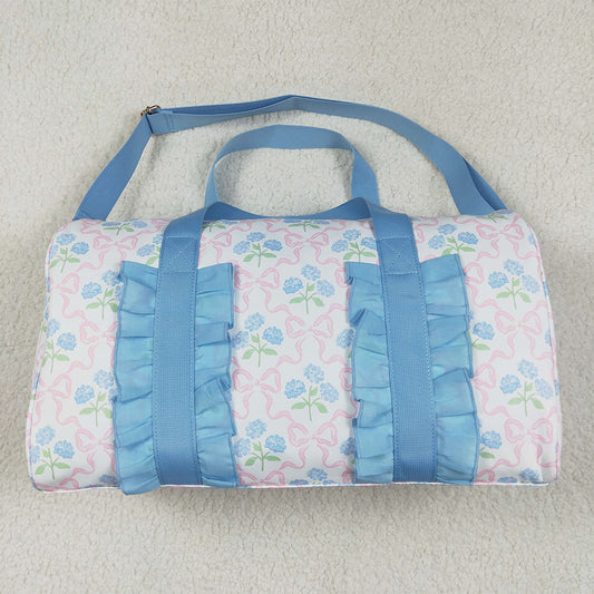 USA Shop (in stock)BA0294Light Blue Floral Bow Women Duffel Bag Ruffle Band Stylish Casual Canvas Tote for Travel And Leisure