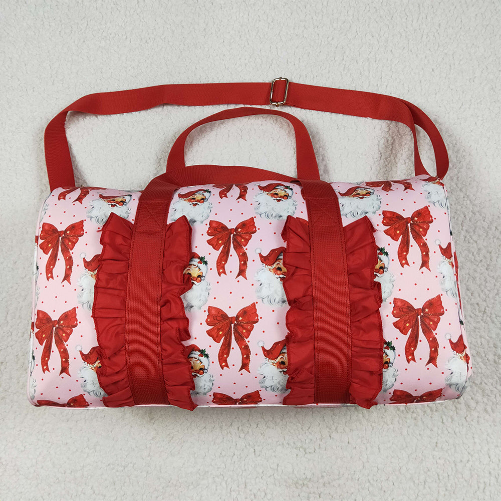 RTS NO MOQ （In stock） BA0306 Baby Bags Christmas Red Ruffle Bows Santa Print Zipper Gym Bags
