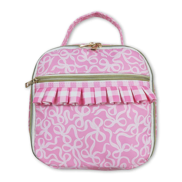 RTS NO MOQ Sibling Baby Kids Zipper Pink Bows School Backpack Pink Bows Lunch Dinner Picnic Box Bags