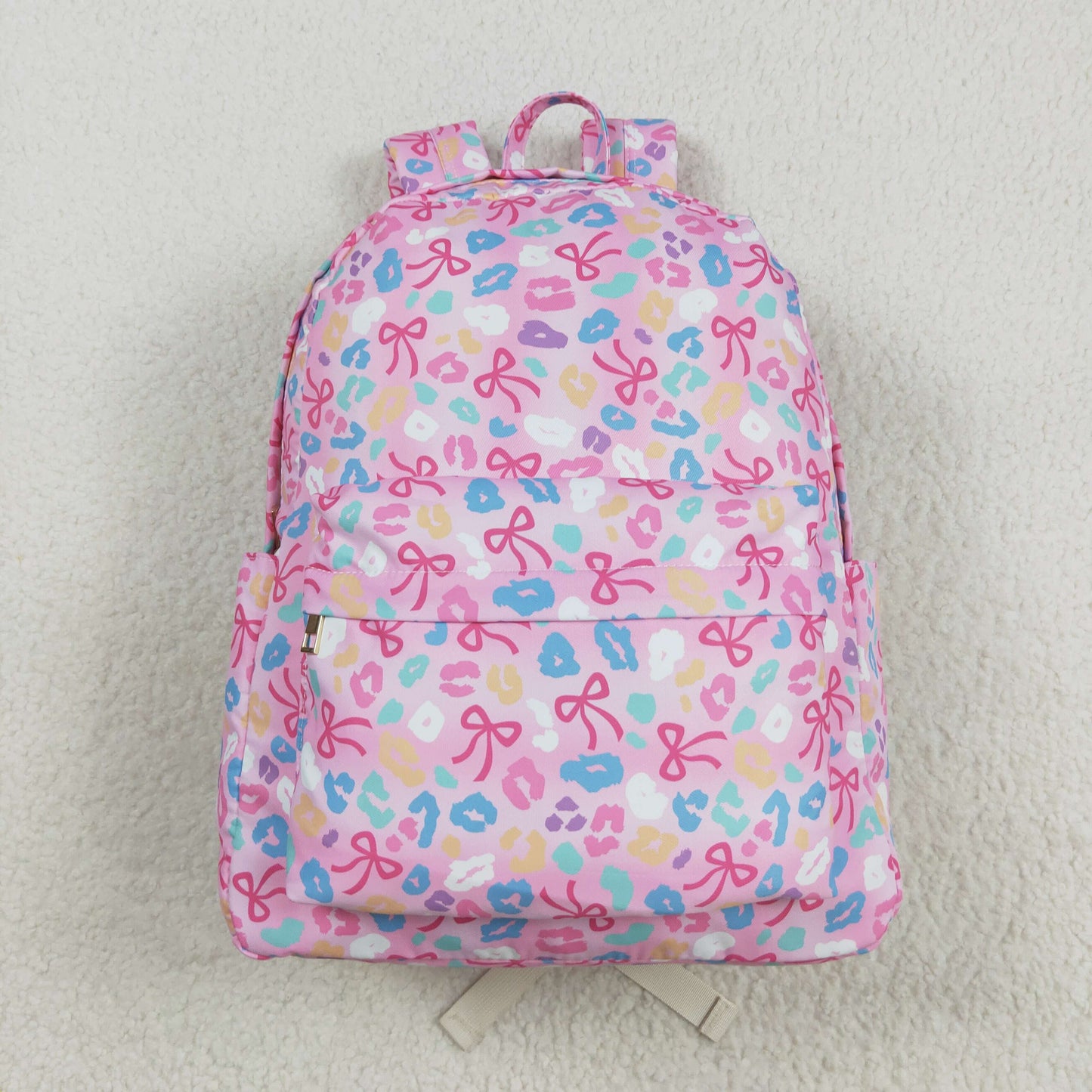 RTS NO MOQ （In stock）BA0319 Baby Bags Baby Kids Pink Leopard Bows School Zipper Ruffle Back Bags