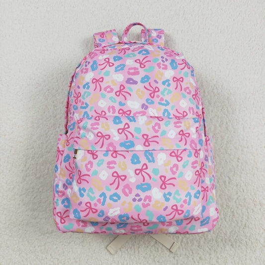 RTS NO MOQ （In stock）BA0319 Baby Bags Baby Kids Pink Leopard Bows School Zipper Ruffle Back Bags