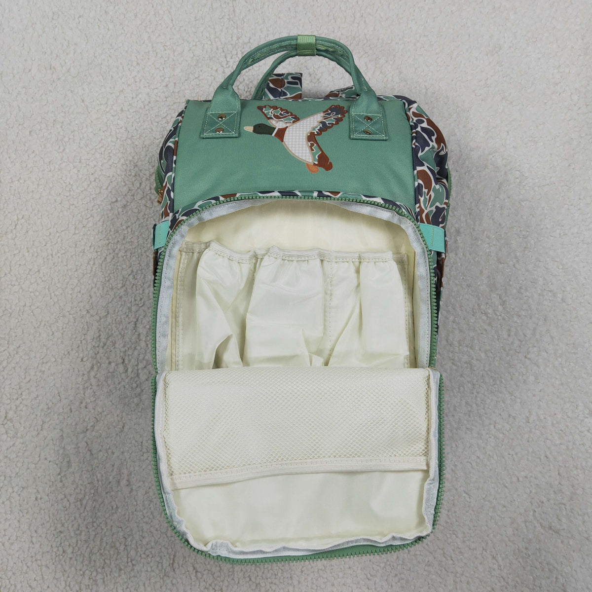 RTS NO MOQ （In stock )Bag BA0404 Embroidery Green Camo Embroidery Ducks Zipper Mommy Diaper Backpacks Bags