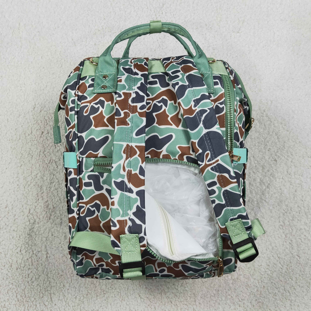 RTS NO MOQ （In stock )Bag BA0404 Embroidery Green Camo Embroidery Ducks Zipper Mommy Diaper Backpacks Bags