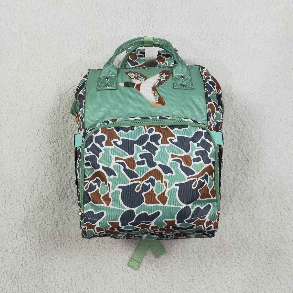 RTS NO MOQ （In stock )Bag BA0404 Embroidery Green Camo Embroidery Ducks Zipper Mommy Diaper Backpacks Bags