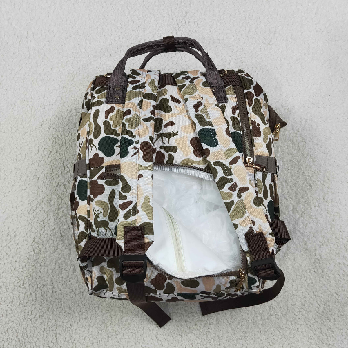 RTS NO MOQ （In stock ) Bag BA0407 Kids Dogs Ducks Deer Turkey Camo Zipper Mommy Diaper Backpacks Bags