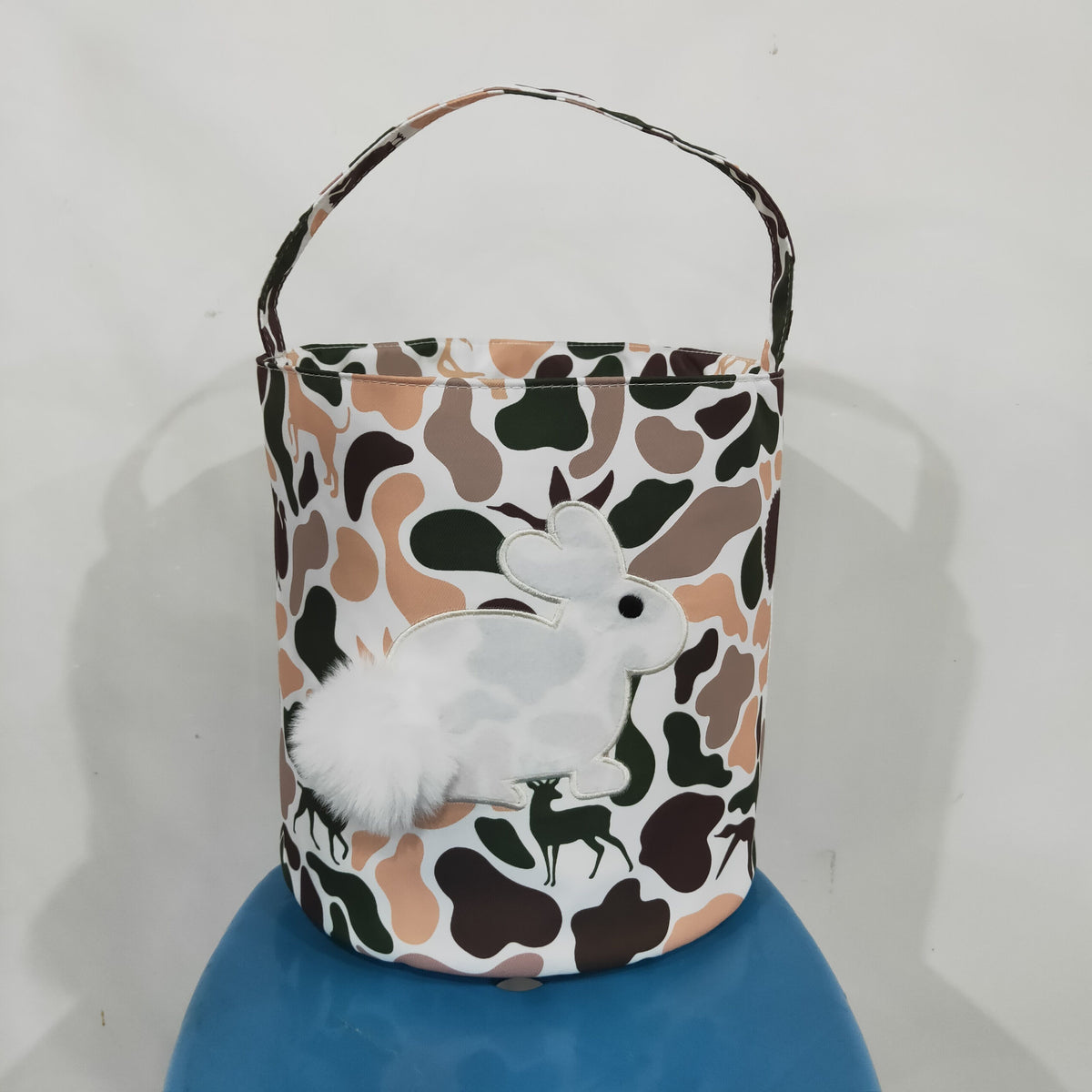 RTS NO MOQ （In stock ) BA0466 Embroidery Rabbits Baby Kids Khaki Brown Camo Easter Gift Bucket Baskets Bags