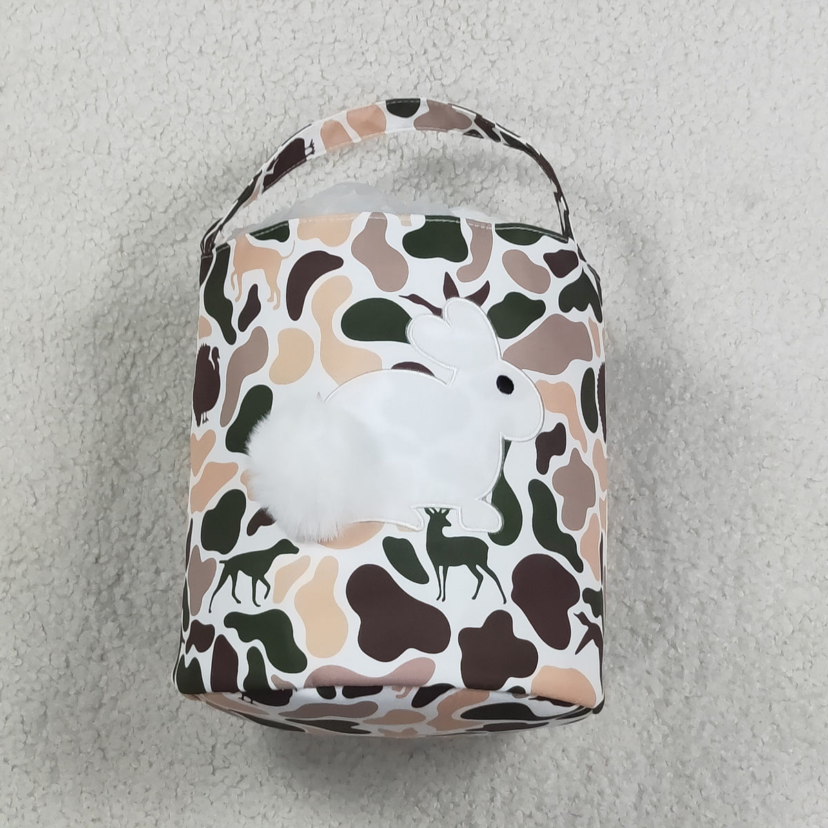 RTS NO MOQ （In stock ) BA0466 Embroidery Rabbits Baby Kids Khaki Brown Camo Easter Gift Bucket Baskets Bags