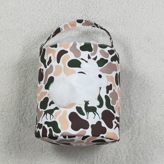 RTS NO MOQ （In stock ) BA0466 Embroidery Rabbits Baby Kids Khaki Brown Camo Easter Gift Bucket Baskets Bags