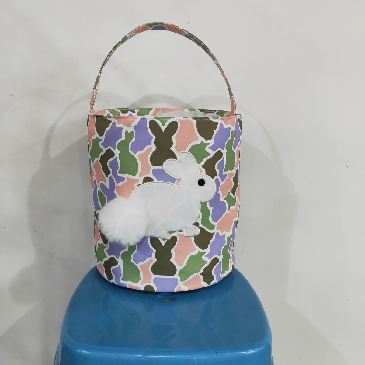 RTS NO MOQ （In stock )BA0467 Embroidery Rabbits Baby Kids Pink Green Camo Easter Gift Bucket Baskets Bag