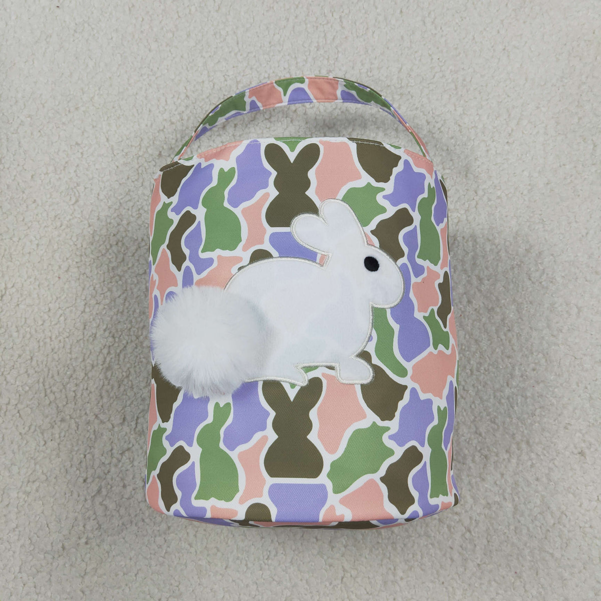 RTS NO MOQ （In stock )BA0467 Embroidery Rabbits Baby Kids Pink Green Camo Easter Gift Bucket Baskets Bag