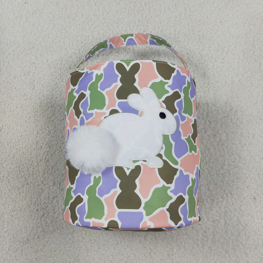 RTS NO MOQ （In stock )BA0467 Embroidery Rabbits Baby Kids Pink Green Camo Easter Gift Bucket Baskets Bag