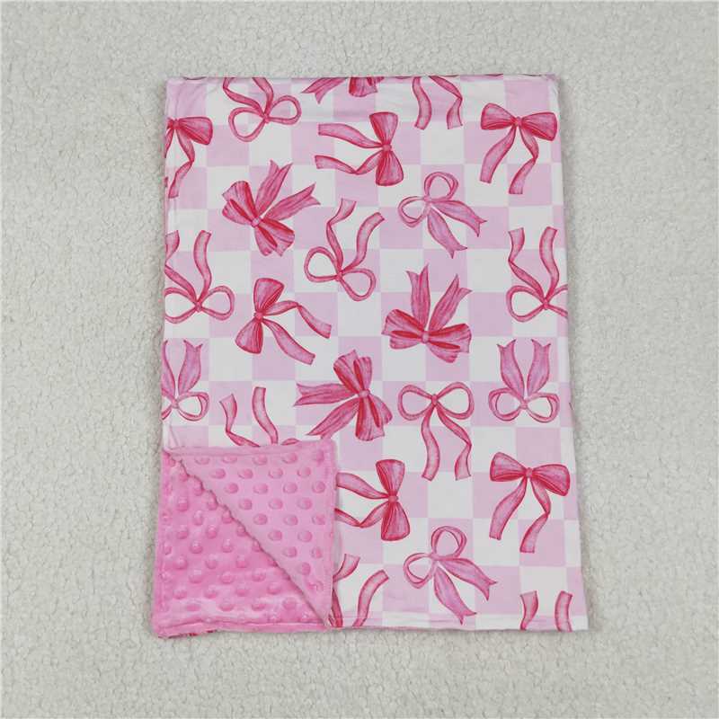 USA Warehouse (IN STOCKBL0206 Pink Plaid Bow Baby Girls Blankets Soft Cozy Faux Fur Stroller Blanket for Infants And Toddlers