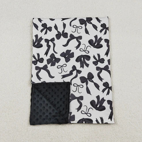 9.22 RTS Sibling Baby Kids Black Bows Checked Pajamas Sets Zipper Footie Rompers Blankets