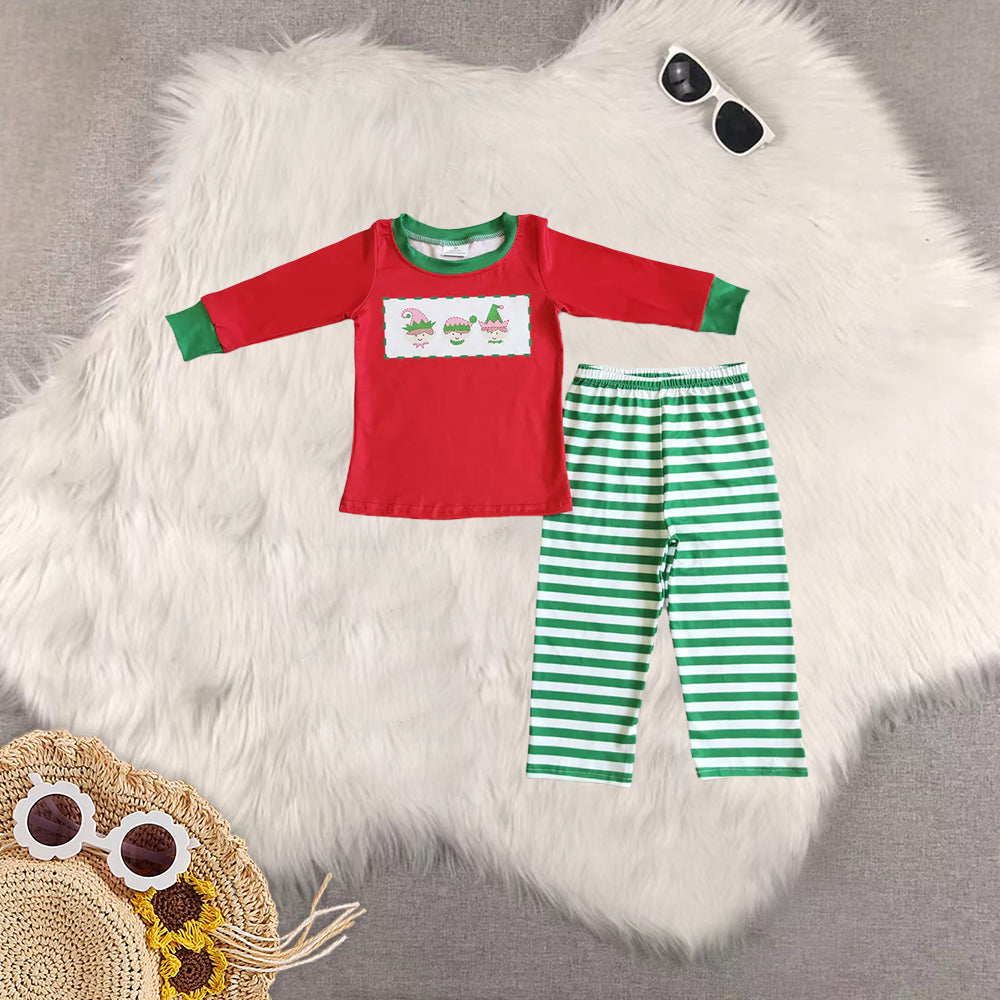 8.21 RTS Sibling Baby Boys Girls Red screen print shirt stripe pants boy Christmas pajamas