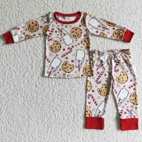 9.16 RTS Sibling Baby Kids Cookie Milk Candy Cane Top Pants Christmas Pajamas Sets Zipper Footie Rompers
