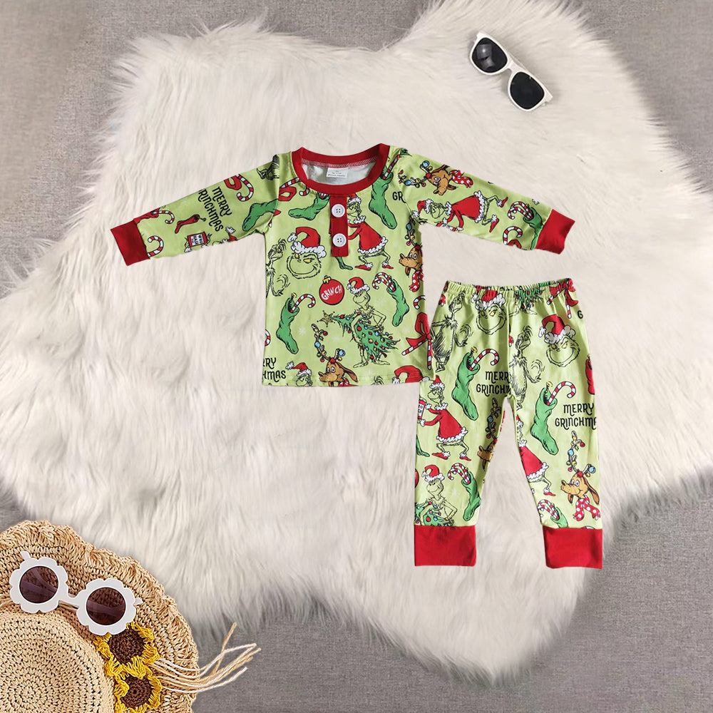 8.23 RTS Sibling Baby Boys Girls Green face merry Christmas kids girls pajamas