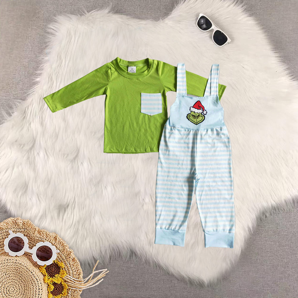 RTS Sibling Baby boys and girls cotton top green face stripe overalls kids Christmas set