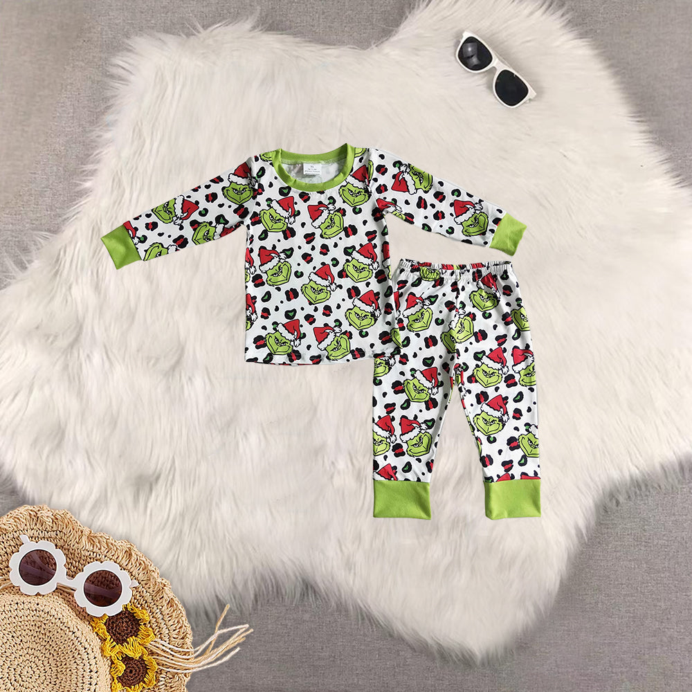 8.20 RTS Sibling Baby Boys Girls Green face leopard kids Christmas pajamas