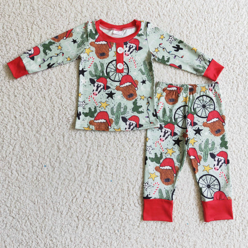 9.18 RTS Sibling Baby Boys Girls Christmas Hats Cows Cactus Button Top Pant Pajamas Sets