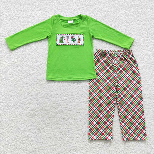 9.19 RTS Sibling Baby Boys Girls Embroidery Green Faces Pants Christmas Clothes Sets Footie Rompers