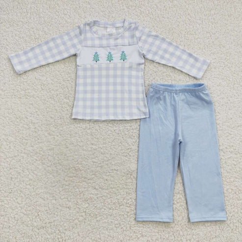 9.19 RTS Sibling Baby Kids Embroidery Trees Checked Top Pants Christmas Clothes Sets Rompers